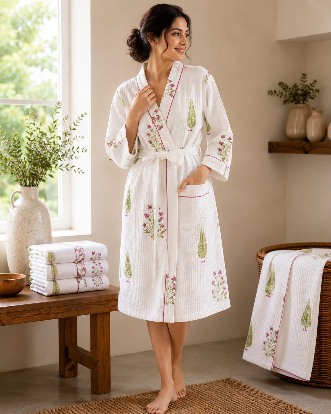 Pink Blossom Cypress Unisex Cotton Waffle Bathrobe