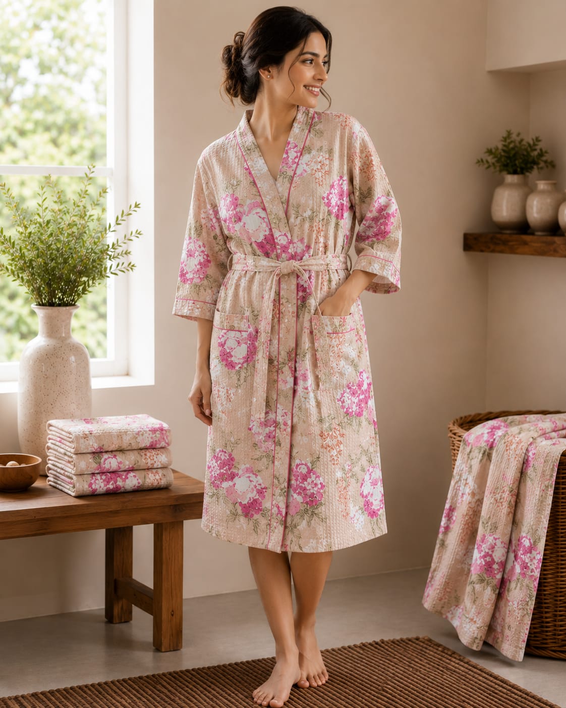 Blush Rose Garden Unisex Cotton Waffle Bathrobe