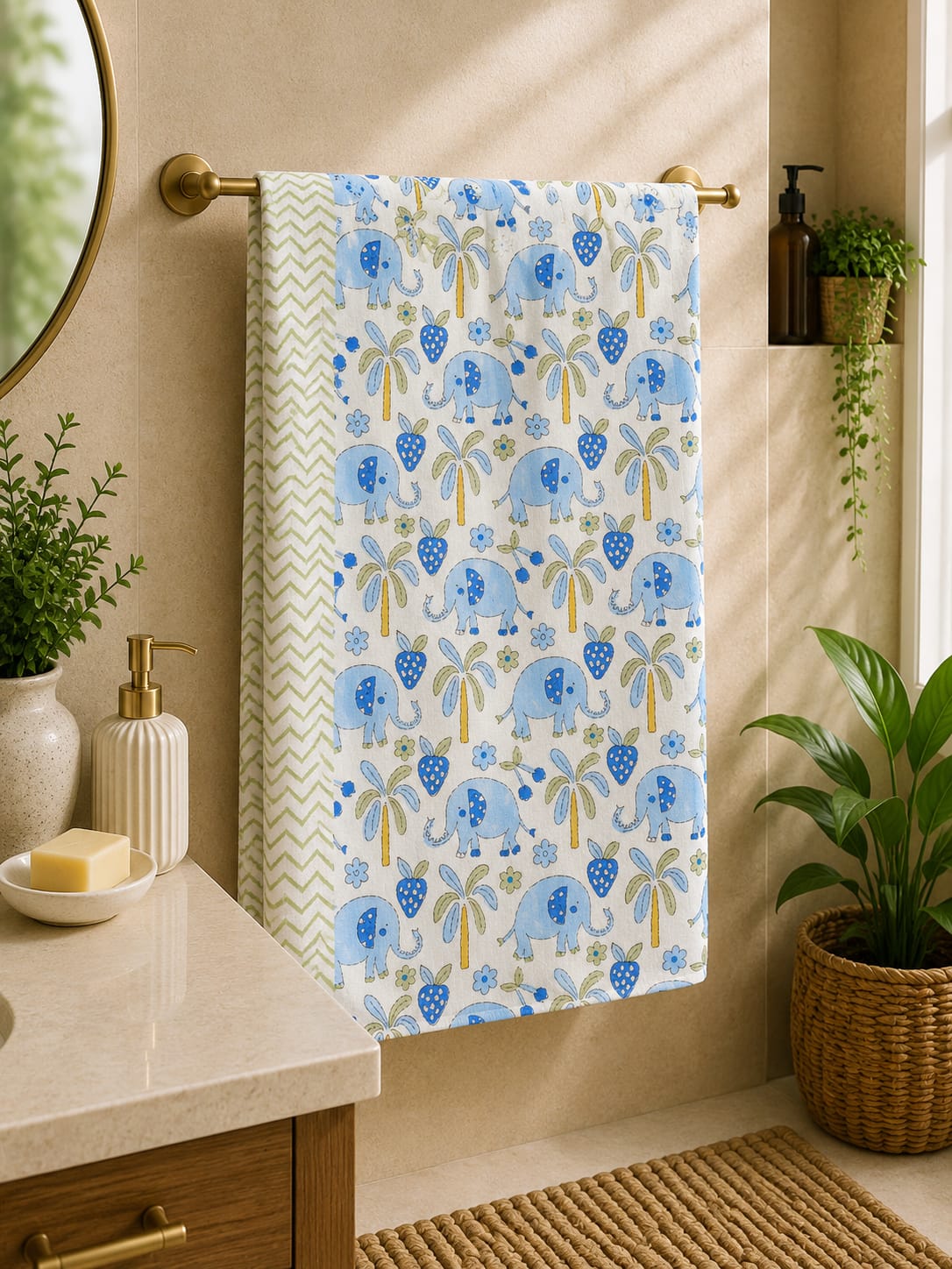 Blue Elephant Palm Waffle Towel