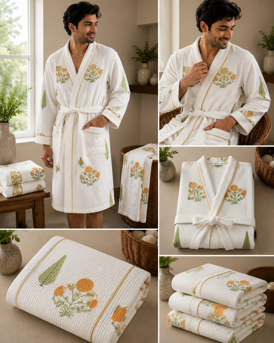 Ochre Marigold Leaf Unisex Cotton Waffle Bathrobe