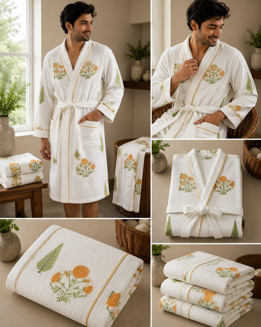 Ochre Marigold Leaf Unisex Cotton Waffle Bathrobe
