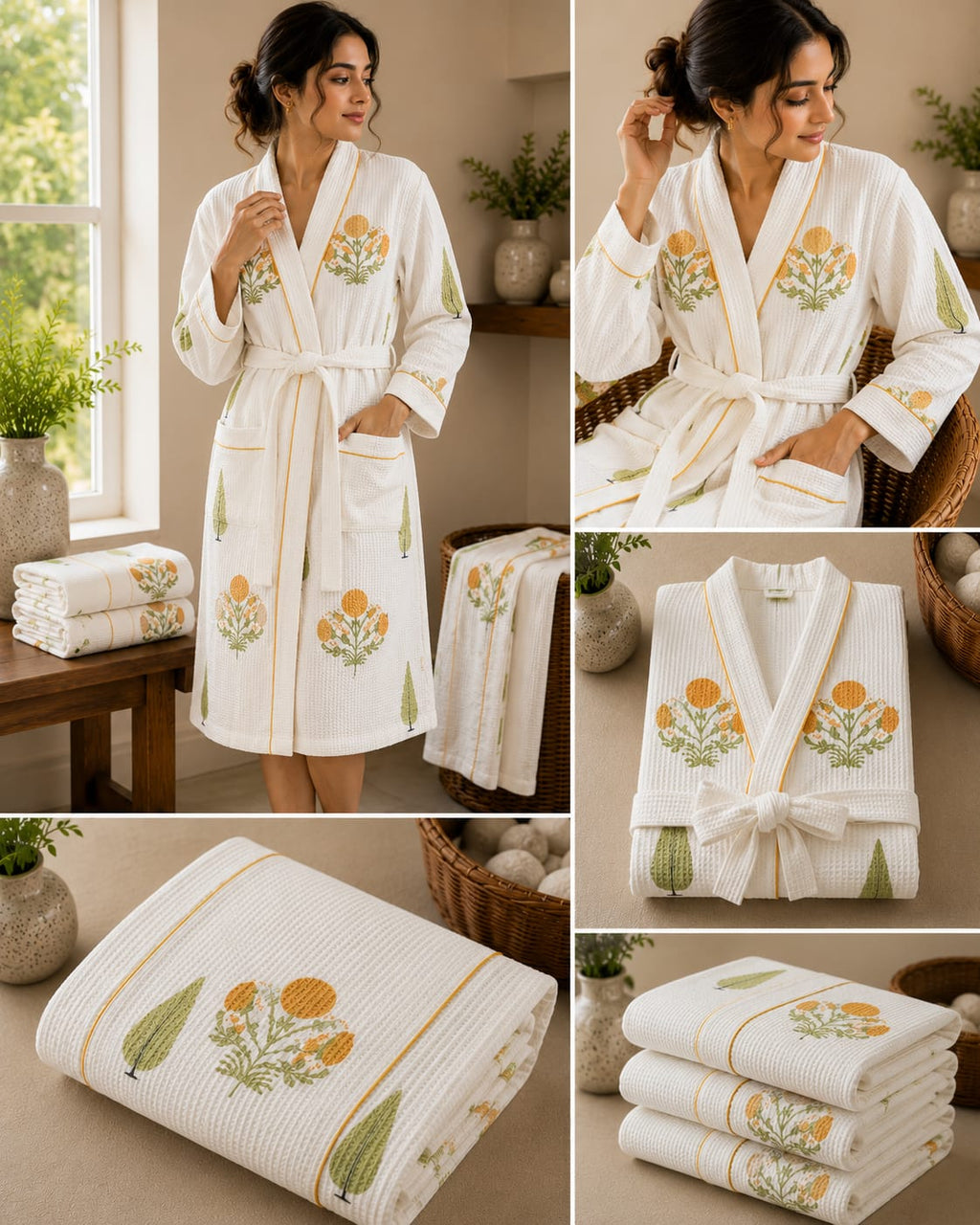 Ochre Marigold Leaf Unisex Cotton Waffle Bathrobe