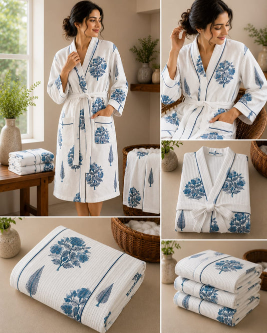 Indigo Floral Tree Unisex Cotton Waffle Bathrobe
