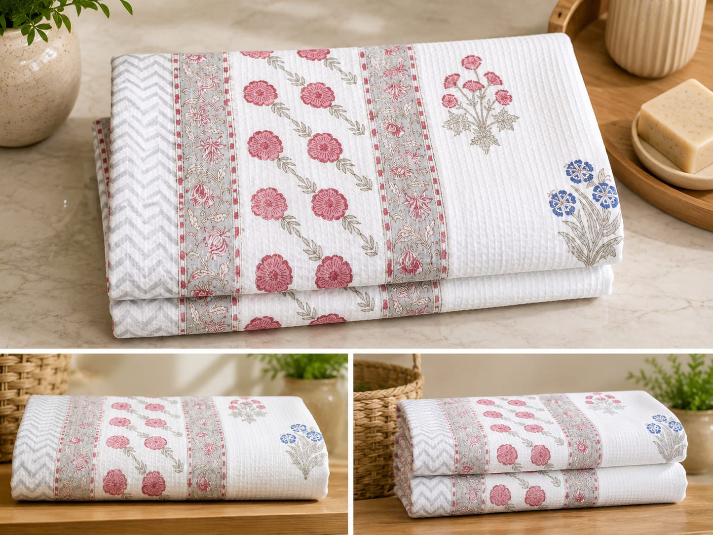 Rose Blue Botanical Waffle Towel