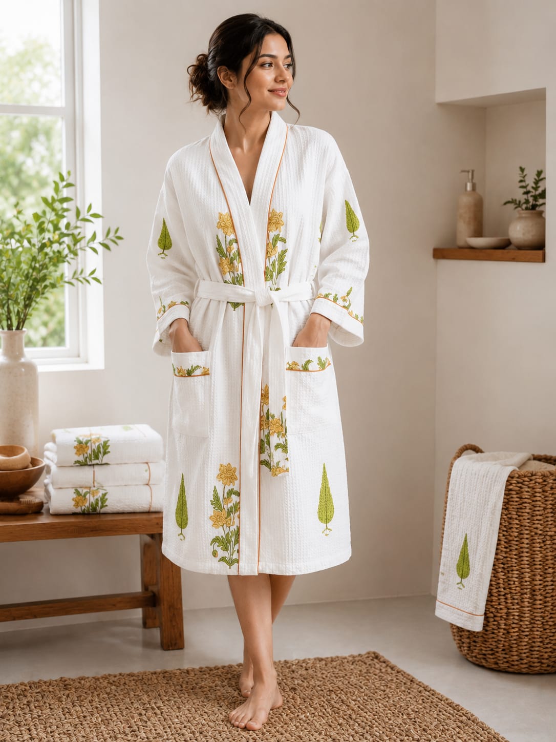 Sunlit Yellow Floral Unisex Cotton Waffle Bathrobe