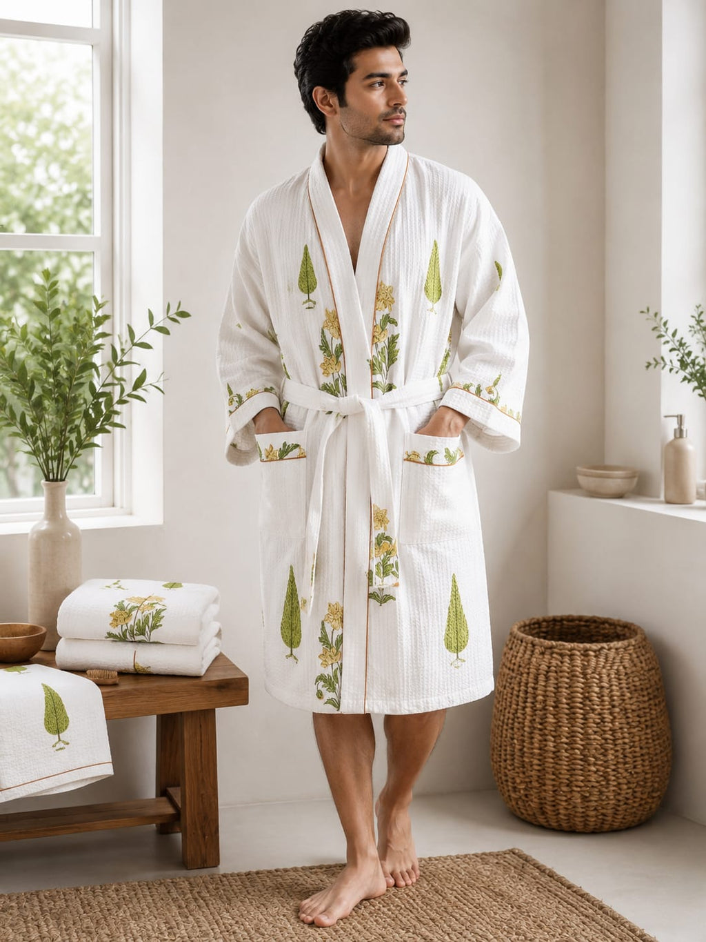 Sunlit Yellow Floral Unisex Cotton Waffle Bathrobe