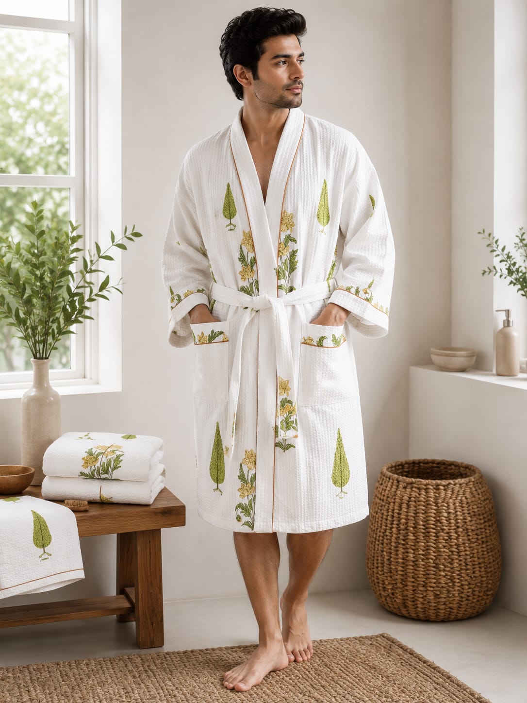 Sunlit Yellow Floral Unisex Cotton Waffle Bathrobe