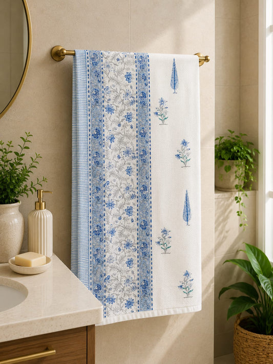 Indigo Floral Stripe Waffle Towel