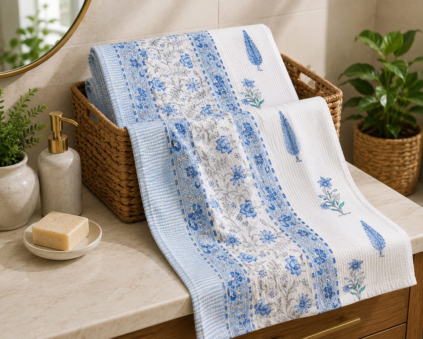 Indigo Floral Stripe Waffle Towel