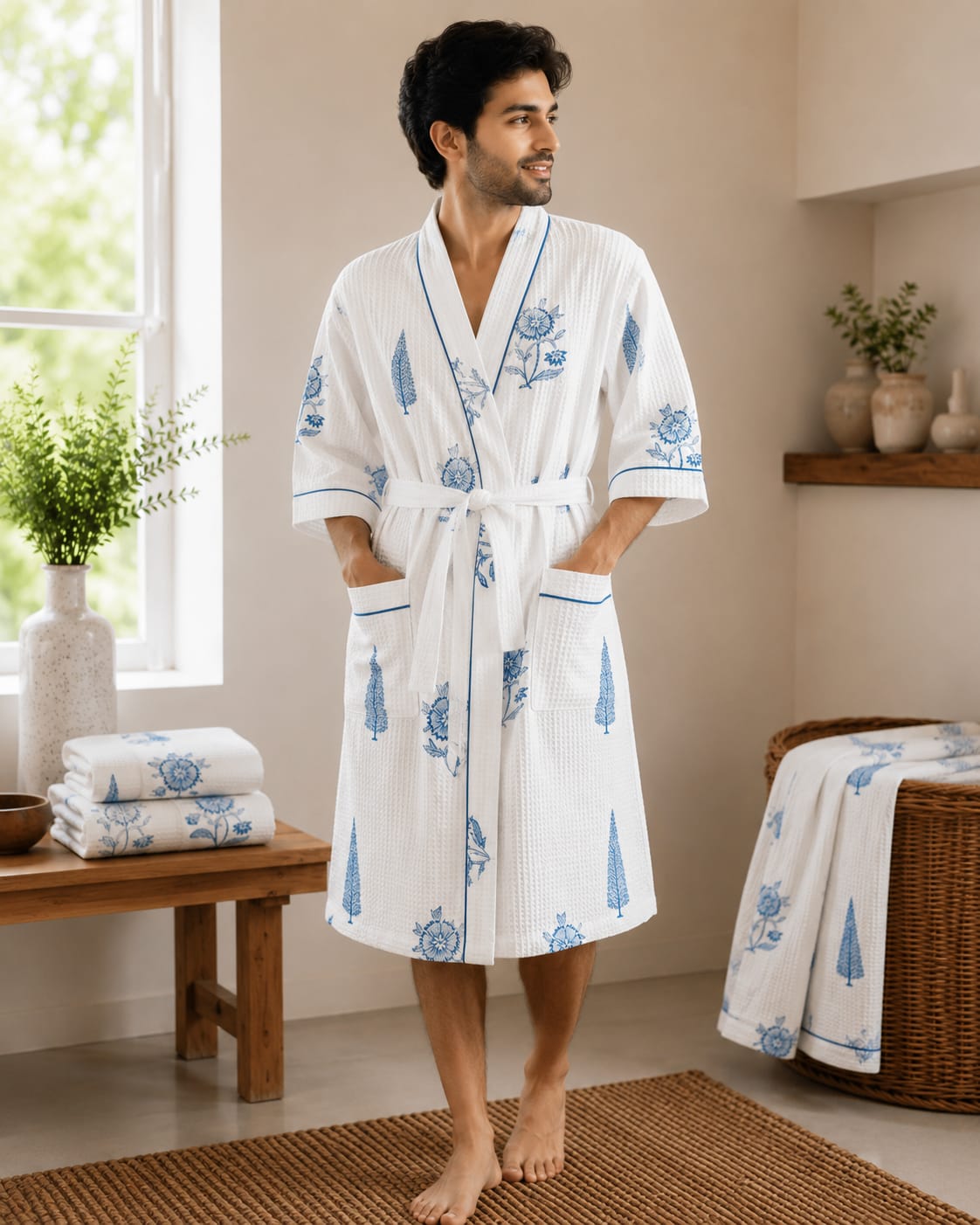 Blue Cypress Garden Unisex Cotton Waffle Bathrobe