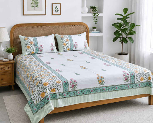 Pure Handblock Cotton Bedsheet – Mint Floral Border