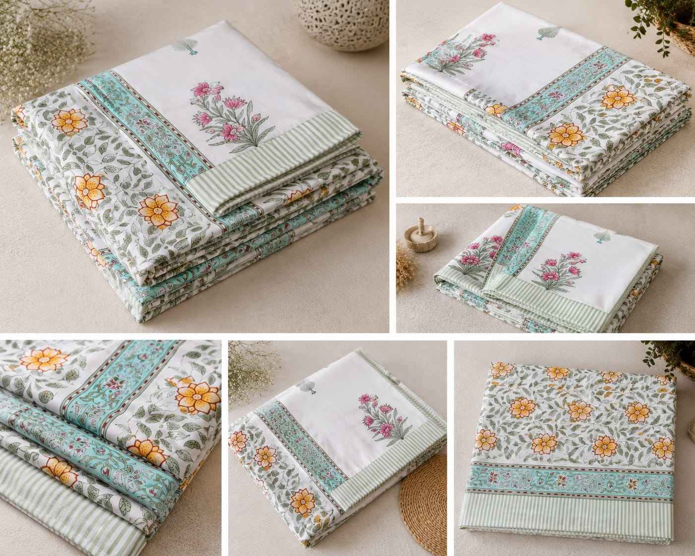 Pure Handblock Cotton Bedsheet – Mint Floral Border