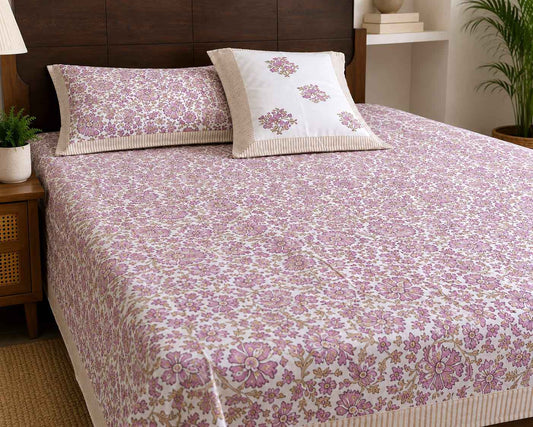 Pure Handblock Cotton Bedsheet – Blush Meadow Floral