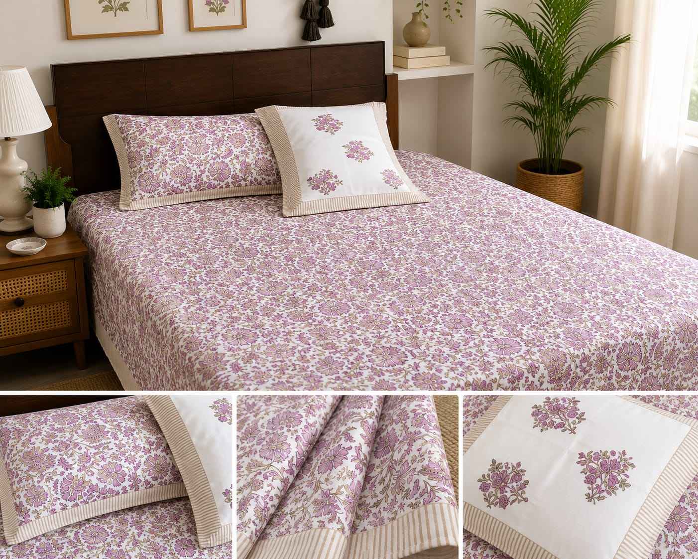 Pure Handblock Cotton Bedsheet – Blush Meadow Floral