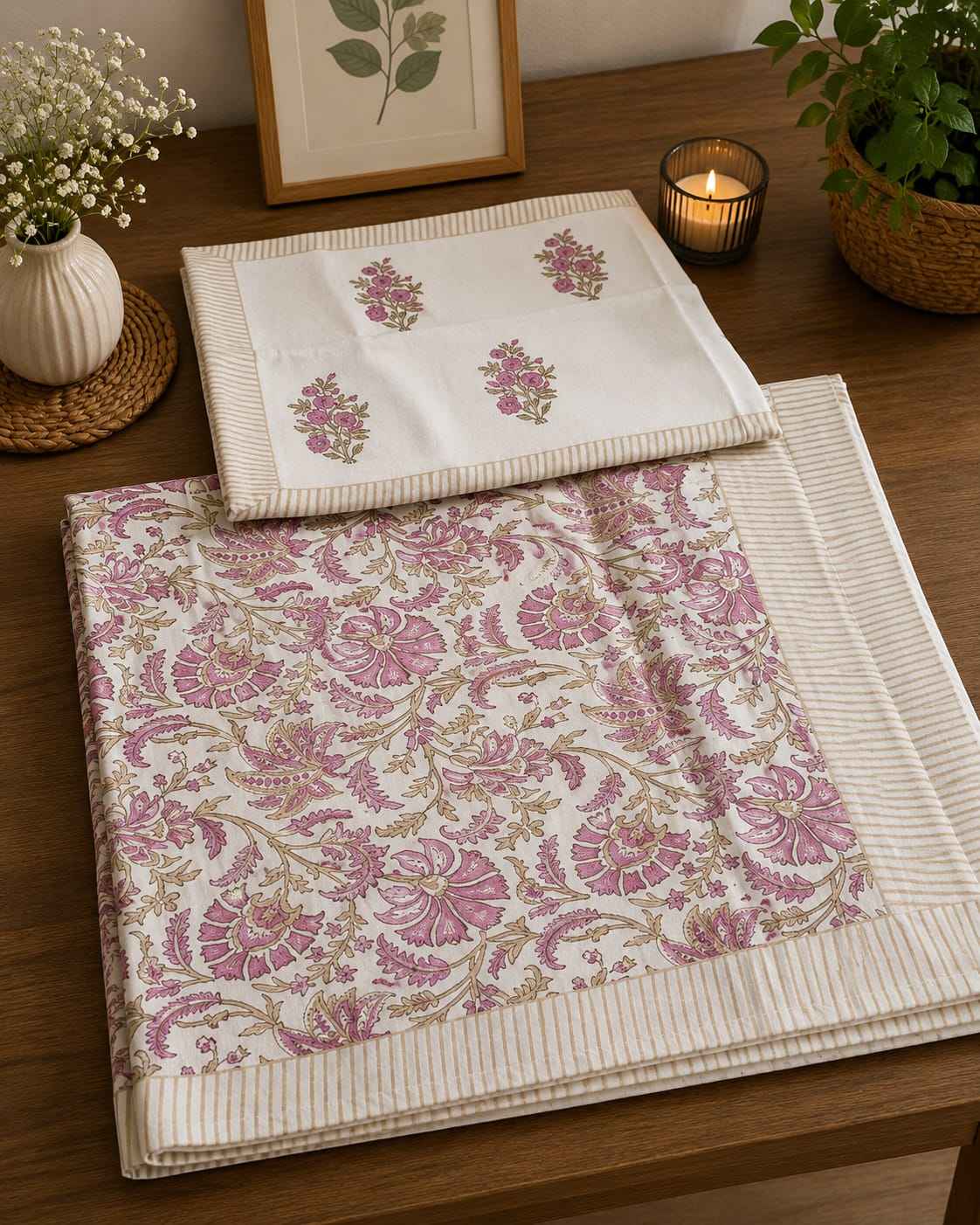 Pure Handblock Cotton Bedsheet – Blush Meadow Floral