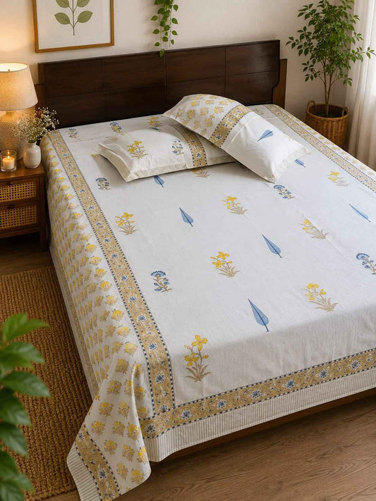 Pure Handblock Cotton Bedsheet – Ivory Bloom Trail