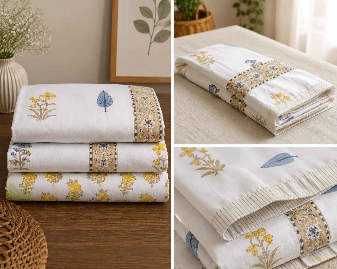 Pure Handblock Cotton Bedsheet – Ivory Bloom Trail