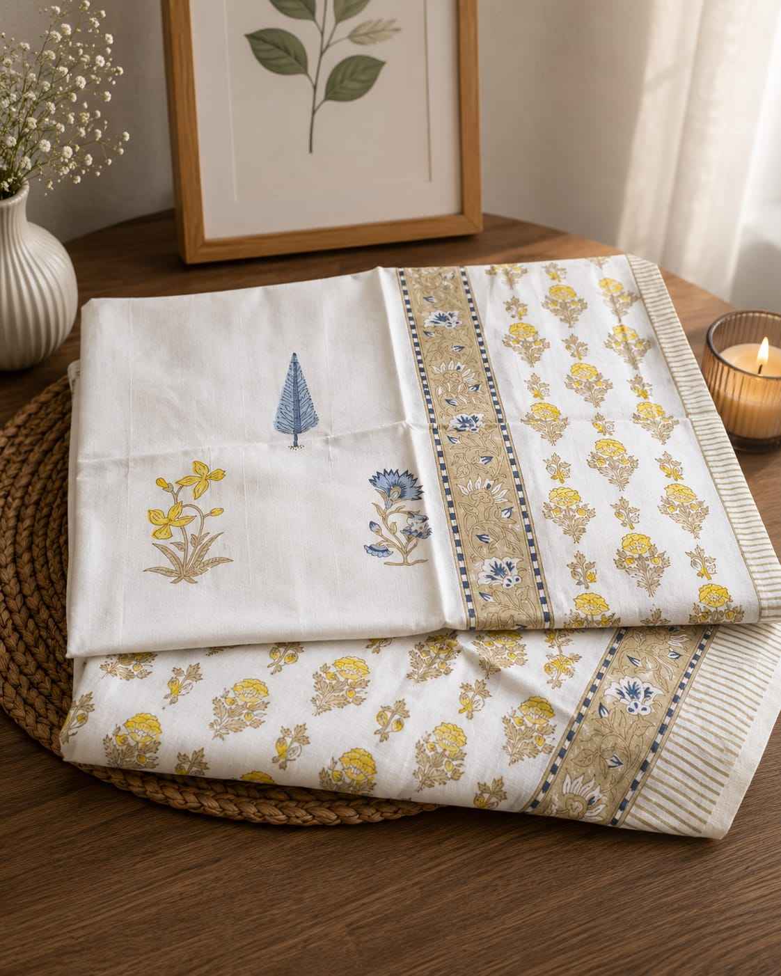 Pure Handblock Cotton Bedsheet – Ivory Bloom Trail