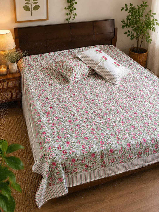 Pure Handblock Cotton Bedsheet – Rose Vine Allover