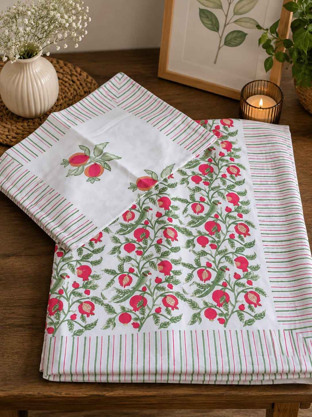 Pure Handblock Cotton Bedsheet – Rose Vine Allover