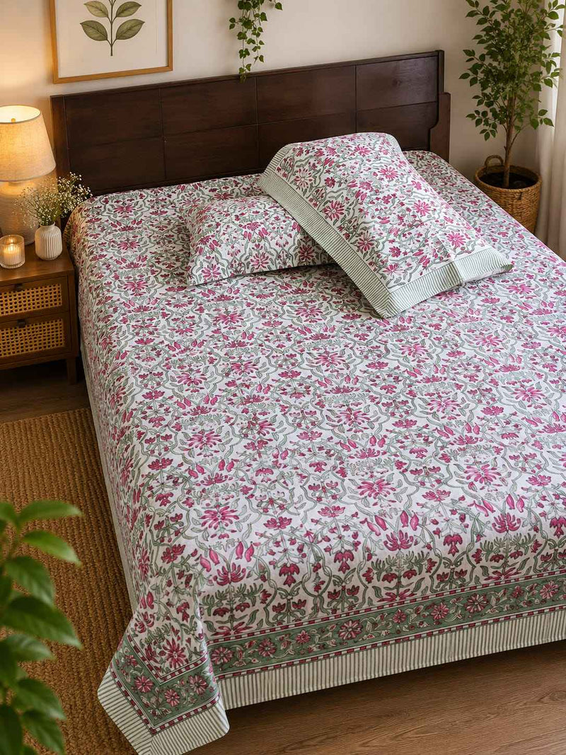 Pure Handblock Cotton Bedsheet – Fuchsia Garden Jaal