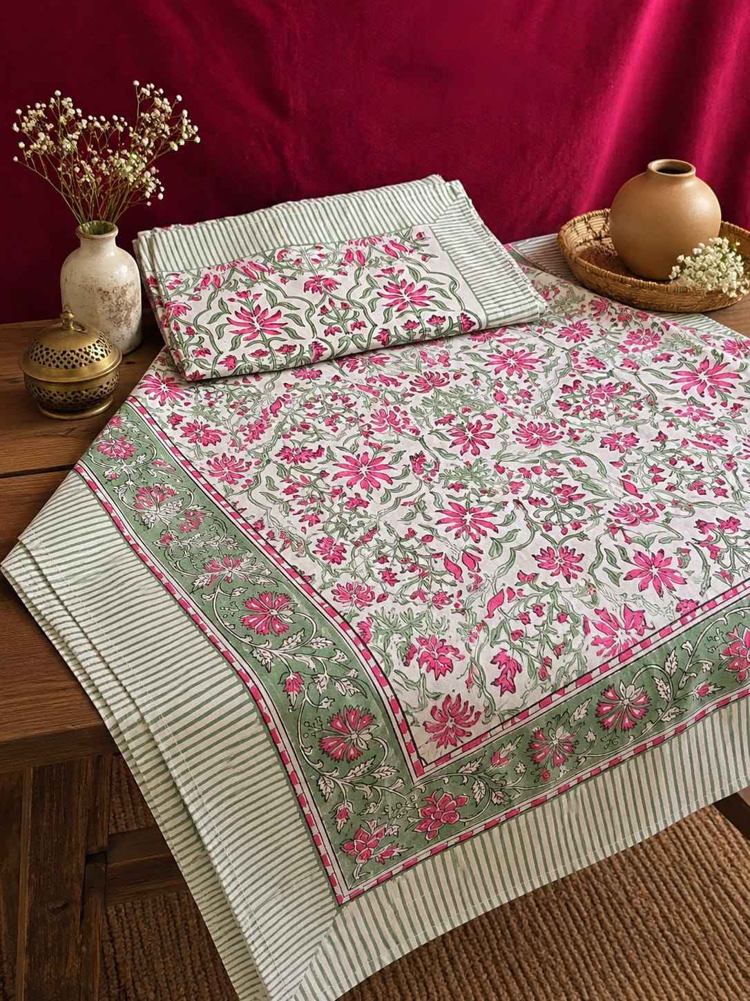 Pure Handblock Cotton Bedsheet – Fuchsia Garden Jaal