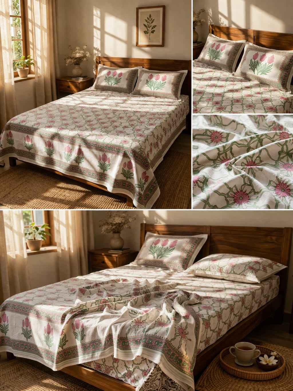Floral Pink Cotton King Size Bedsheet – Tulip Handblock Print | Premium Cotton Bedding