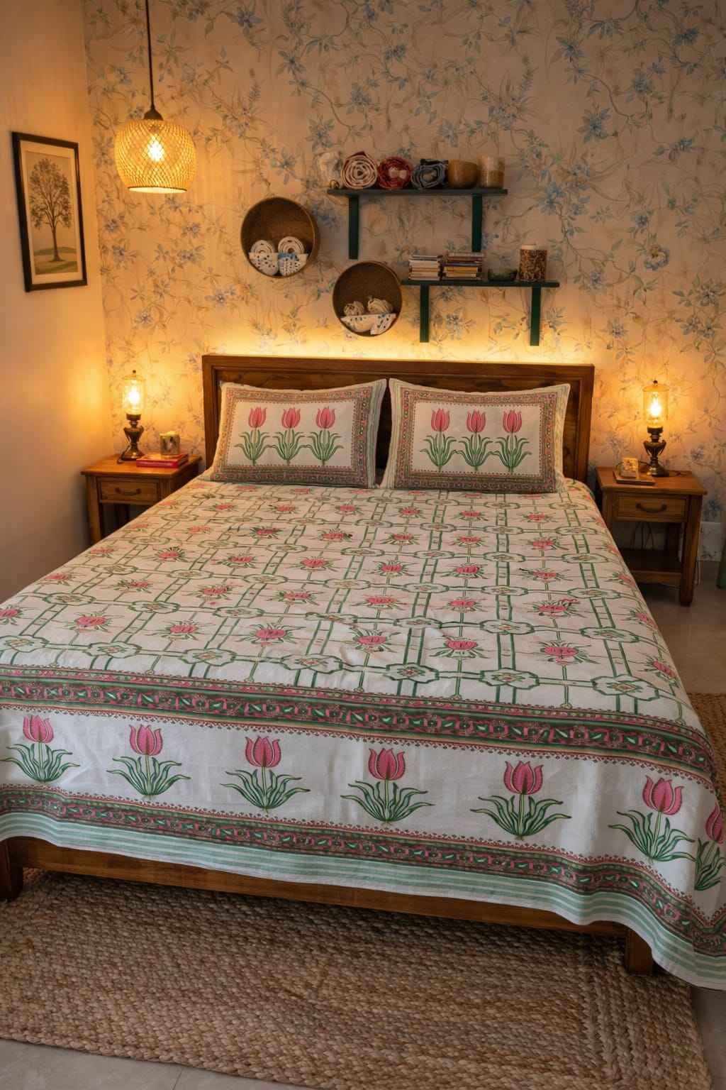 Floral Pink Cotton King Size Bedsheet – Tulip Handblock Print | Premium Cotton Bedding