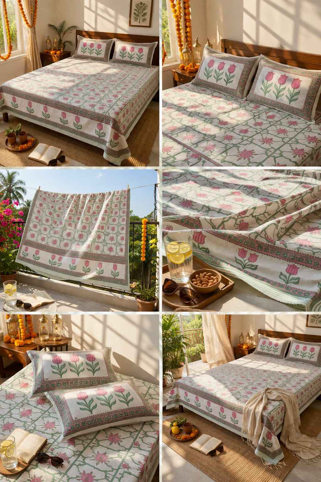 Floral Pink Cotton King Size Bedsheet – Tulip Handblock Print | Premium Cotton Bedding