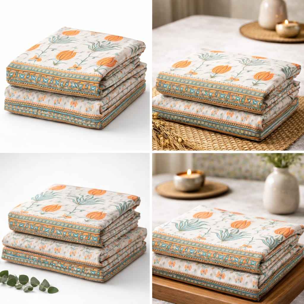 Orange Floral Cotton King Size Bedsheet – Tulip Handblock Print | Premium Bedding