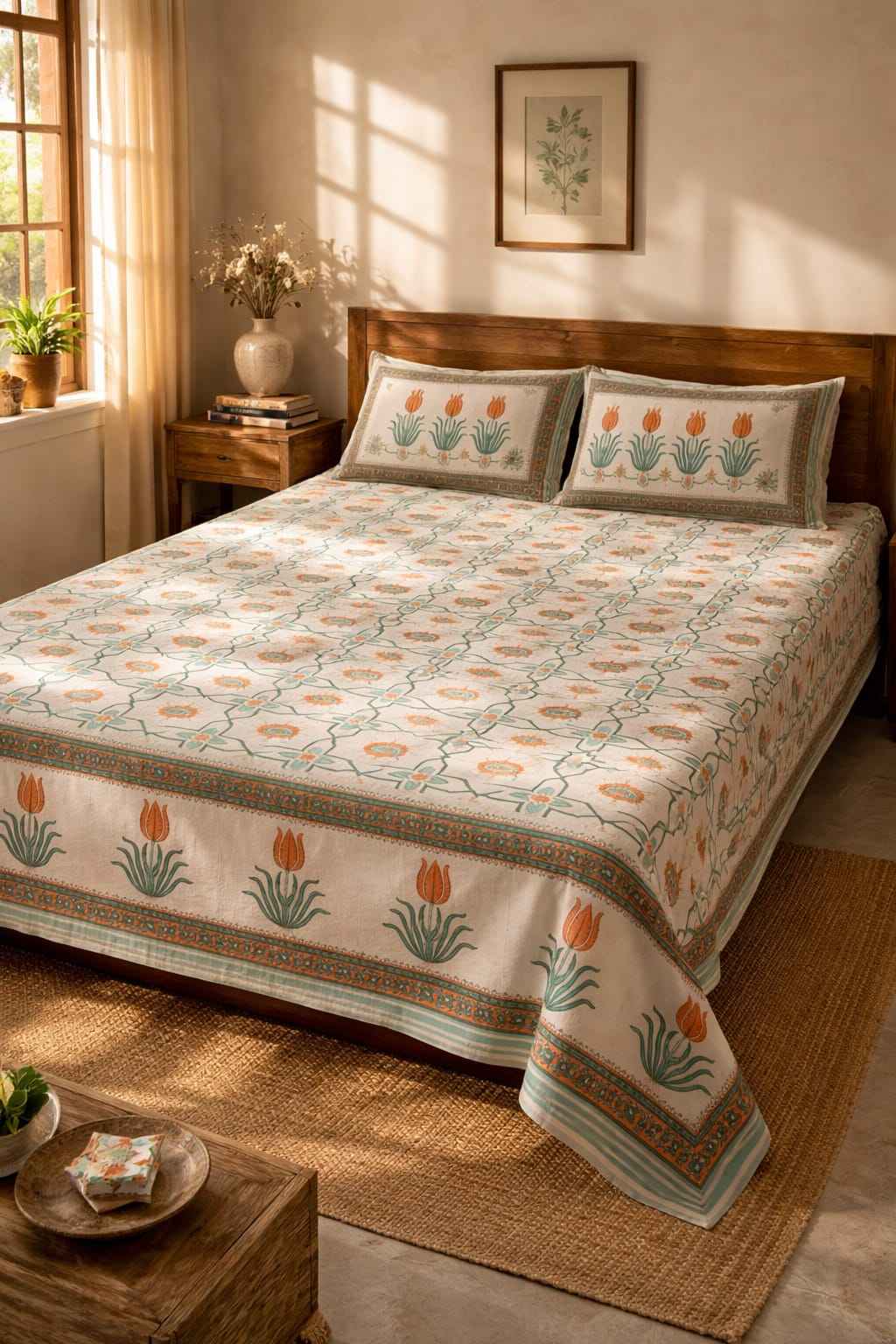 Orange Floral Cotton King Size Bedsheet – Tulip Handblock Print | Premium Bedding