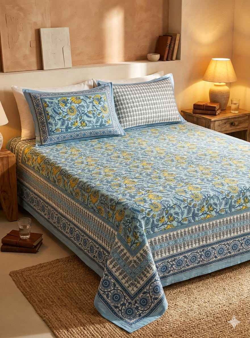 Blue Floral Cotton King Size Bedsheet – Handblock Inspired Print | Premium Bedding