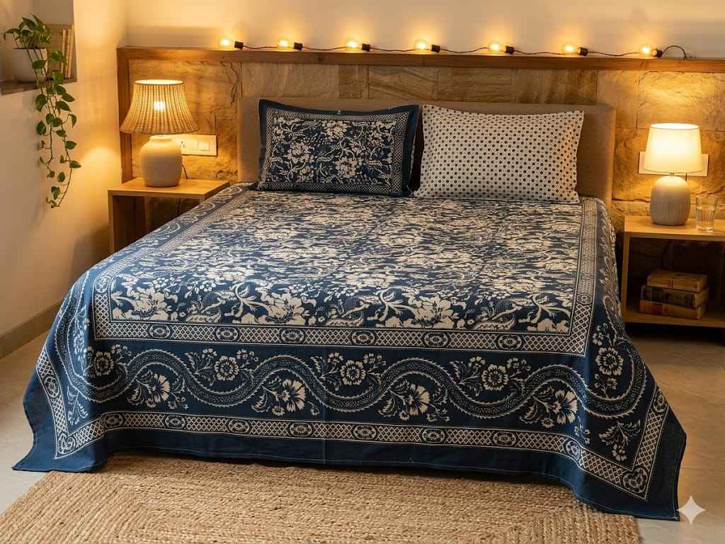 Indigo Floral Cotton King Size Bedsheet – Handblock Inspired Print | Premium Bedding