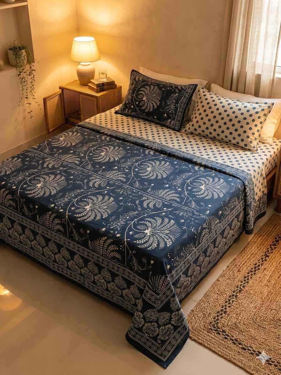 Indigo Botanical Cotton King Size Bedsheet – Handblock Inspired Print | Premium Bedding