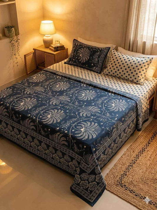 Indigo Botanical Cotton King Size Bedsheet – Handblock Inspired Print | Premium Bedding