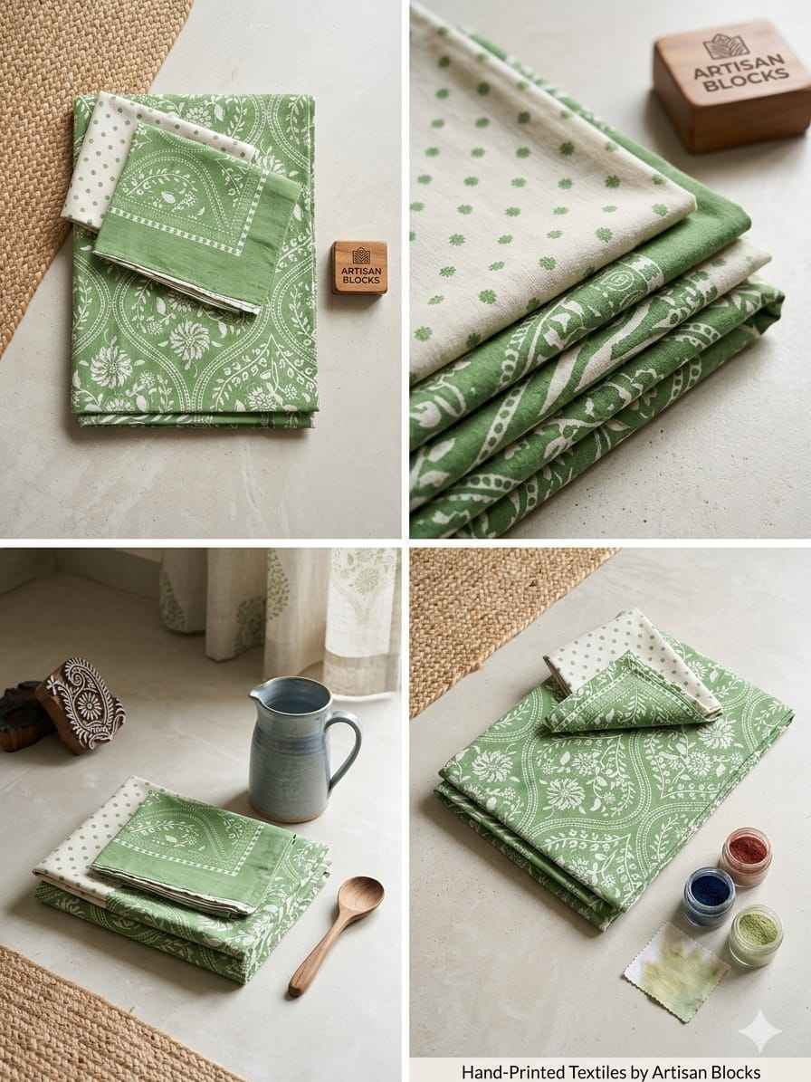 Green Floral Cotton King Size Bedsheet – Handblock Inspired Print | Premium Bedding