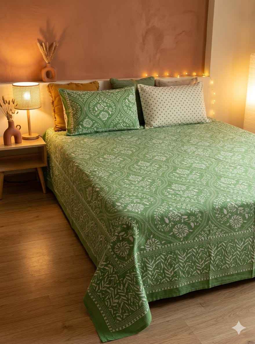 Green Floral Cotton King Size Bedsheet – Handblock Inspired Print | Premium Bedding