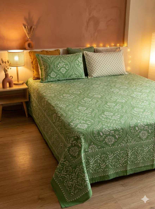 Green Floral Cotton King Size Bedsheet – Handblock Inspired Print | Premium Bedding
