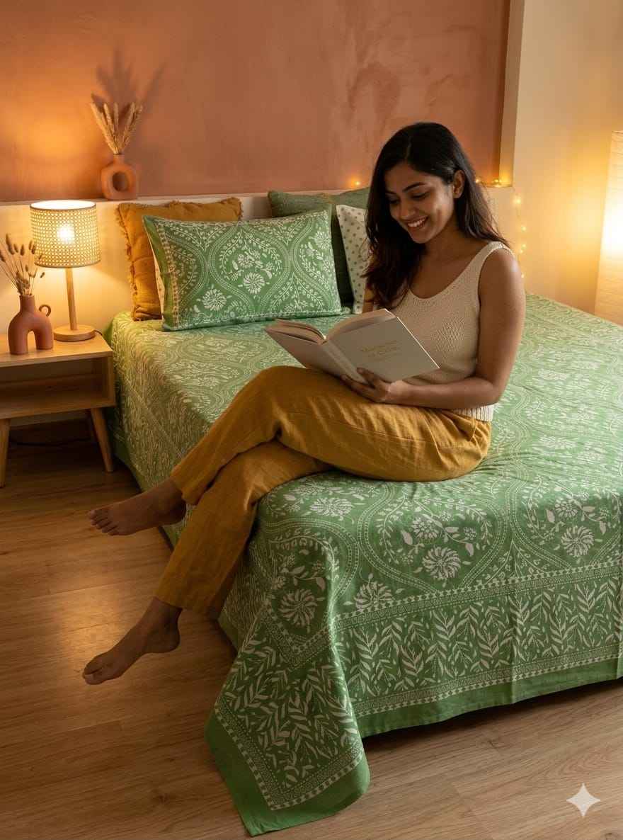Green Floral Cotton King Size Bedsheet – Handblock Inspired Print | Premium Bedding