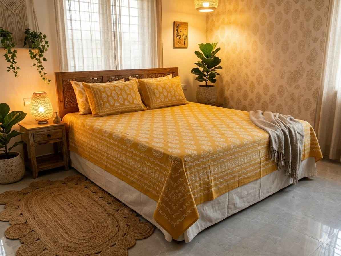 Mustard Yellow Floral Cotton King Size Bedsheet – Handblock Inspired Print | Premium Bedding