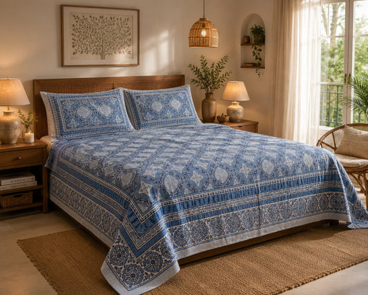 Blue Ornamental Medallion Cotton King Size Bedsheet Set with 2 Pillow Covers | 100% Cotton | 225x275 cm | ChapaSSyahii