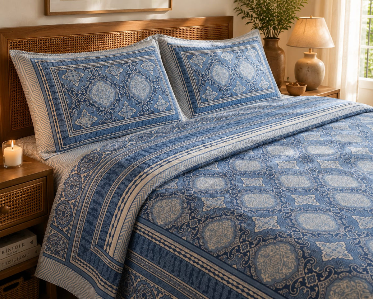 Blue Ornamental Medallion Cotton King Size Bedsheet Set