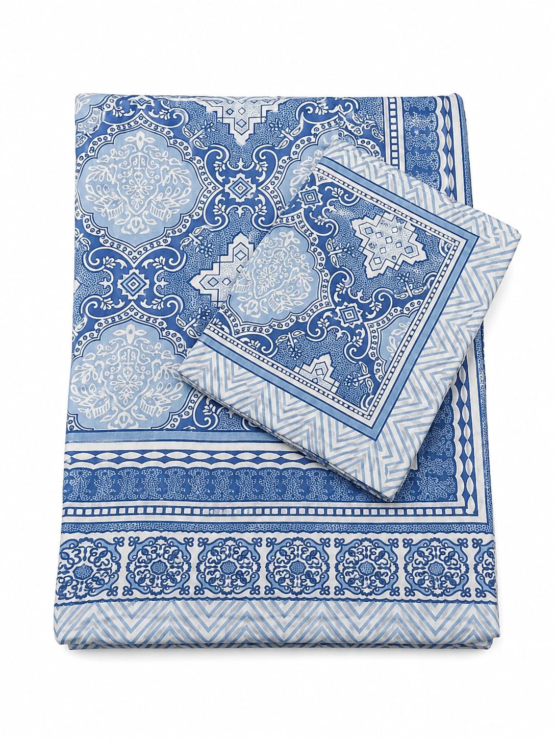 Blue Ornamental Medallion Cotton King Size Bedsheet Set