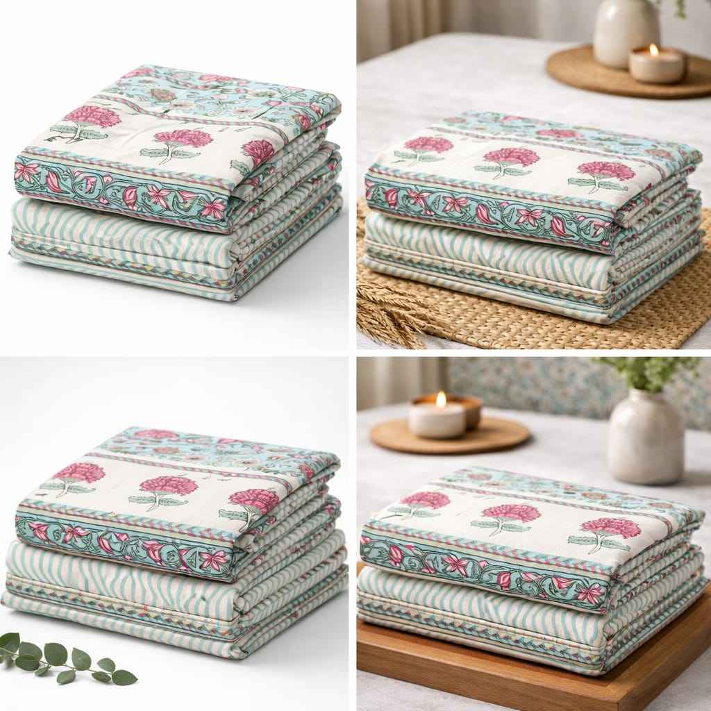 Aqua Floral Cotton King Size Bedsheet – Handblock Inspired Print | Premium Bedding