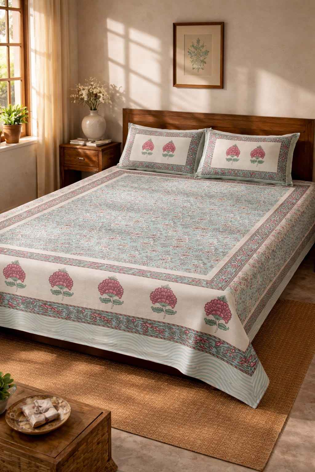 Aqua Floral Cotton King Size Bedsheet – Handblock Inspired Print | Premium Bedding