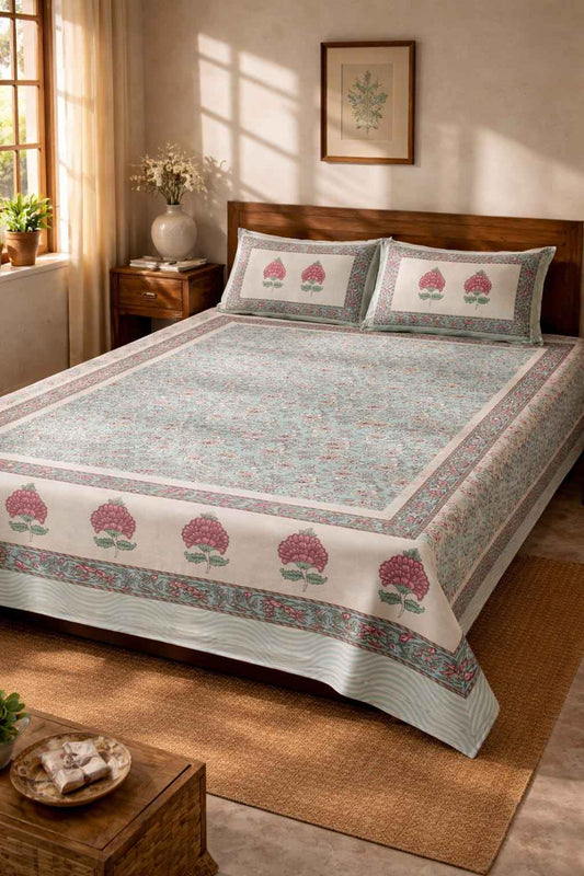 Aqua Floral Cotton King Size Bedsheet – Handblock Inspired Print | Premium Bedding