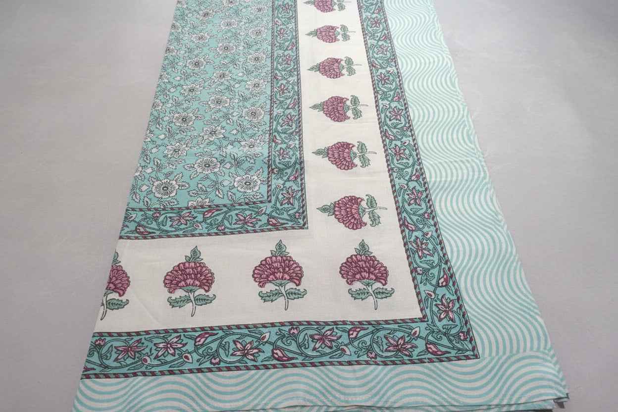 Aqua Floral Cotton King Size Bedsheet – Handblock Inspired Print | Premium Bedding