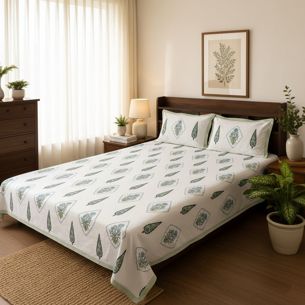 Bed with floral patterned comforter and matching pillows in a bedroom setting.