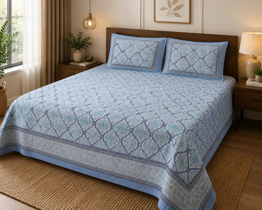 Light Blue Tile Print Cotton King Size Bedsheet Set with 2 Pillow Covers | 100% Cotton | 225x275 cm | ChapaSSyahii