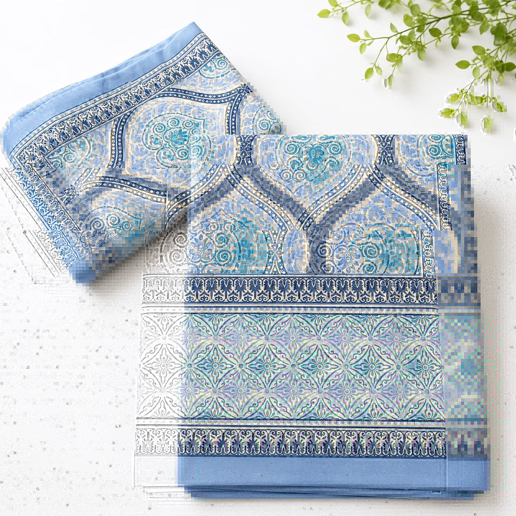 Light Blue Tile Print Cotton King Size Bedsheet Set